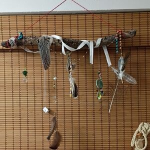 Handmade Feather Driftwood Wall Hanging with Beads